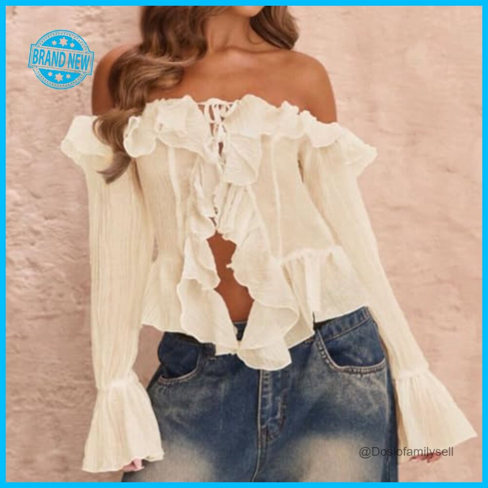 Off Shoulder Ruffle Crop Blouse Y2K Bell Sleeve See Through Chic Top - Picture 2 of 7